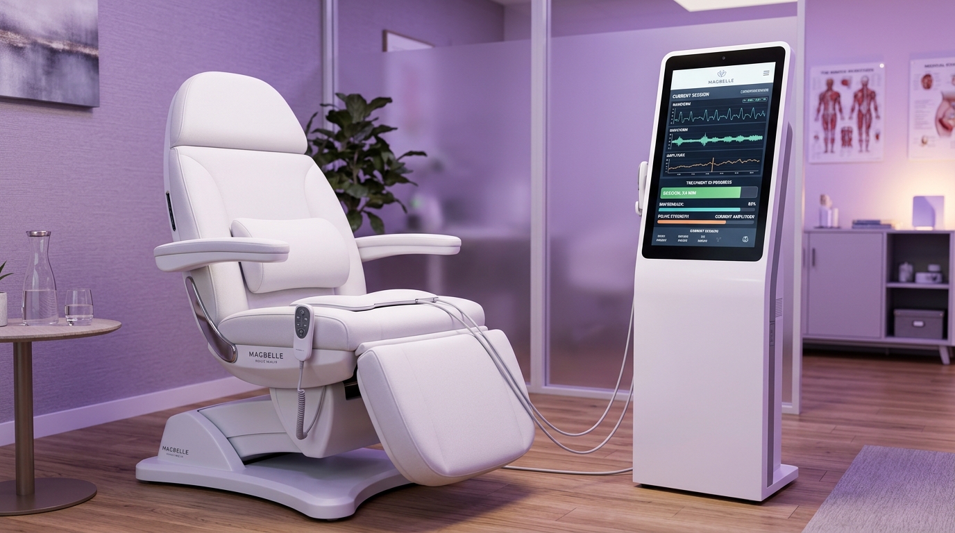 Modern clinical treatment room setting showing non-invasive pelvic rehabilitation equipment