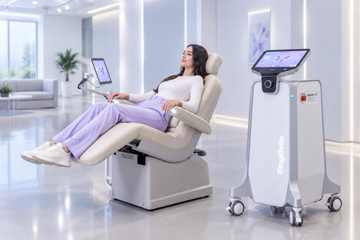 Patient seated comfortably in the MagBelle system chair during a guided pelvic floor rehabilitation session